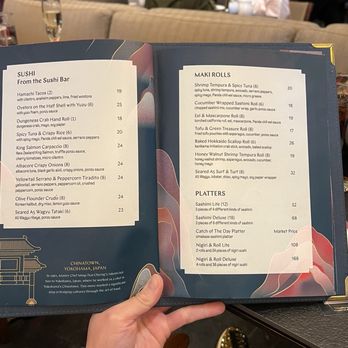 Panda Inn - A menu from a sushi restaurant lists sushi rolls, sashimi, and platters, with prices and descriptions for each item. - Chinese Near Me - Pasadena, California
