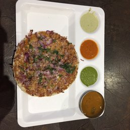Onion uttapam with three sauces and sambhar