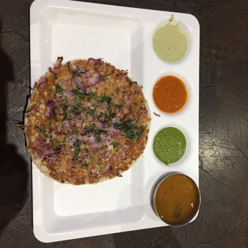 Annalakshmi - Onion uttapam with three sauces and sambhar - Indian Near Me - Brampton, Ontario