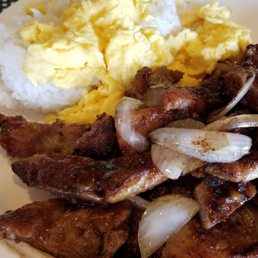 Pupu Pork Chops w/grilled Onions...rice and eggs separate Pupu Pork Chops w/grilled Onions...rice and eggs separate