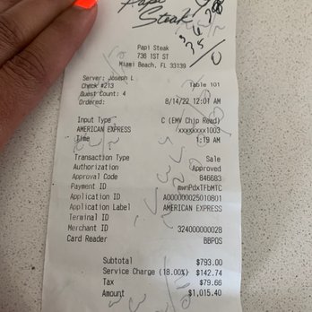 Papi Steak Miami Beach - $1015.40 for 4 people no drinks included we paid at the bar while waiting! - Steakhouses Near Me - Miami Beach, Florida