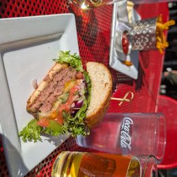 Classic burg with cheese, small side of fries, glass of Pinot Grigio & Pilsner. Classic burg with cheese, small side of fries, glass of Pinot Grigio & Pilsner.