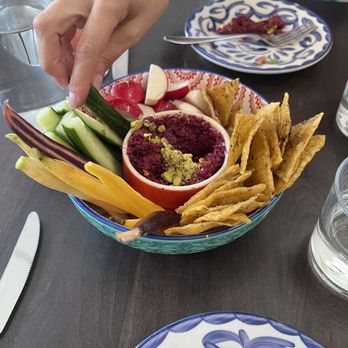 Basic Kitchen - Beet/pistachio dip and yummy chips! - New American Near Me - Charleston, South Carolina Basic Kitchen - Beet/pistachio dip and yummy chips! - New American Near Me - Charleston, South Carolina