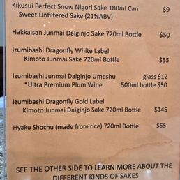 Sake menu Sake menu