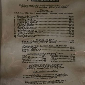 Samurai's Japanese Steakhouse - Menu May 2025 - Japanese Near Me - Spanaway, Washington Samurai's Japanese Steakhouse - Menu May 2025 - Japanese Near Me - Spanaway, Washington