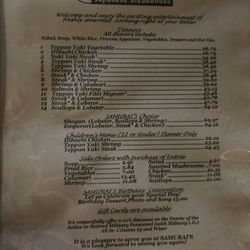 Samurai's Japanese Steakhouse - Menu May 2025