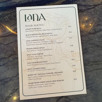 Lana - Bar Menu - American Near Me - Solana Beach, California