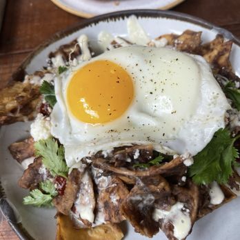 Manuela - Black Beans Chilaquiles, Crema, Fried Egg, Radish, Cilantro - New American Near Me - Los Angeles, California Manuela - Black Beans Chilaquiles, Crema, Fried Egg, Radish, Cilantro - New American Near Me - Los Angeles, California