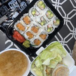 Aodake Sushi and Hibachi - Lunch Special Spicy Salmon Roll and California Roll with Miso Soup and House Salad.