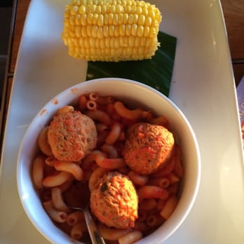 Ama Ama Restaurant - Watery macaroni with "pressed" chicken meatballs and over boiled corn on the cob - New American Near Me - Kapolei, Hawaii