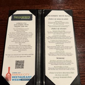 The Auld Shebeen - Restaurant Week Menu - Irish Pub Near Me - Fairfax, Virginia