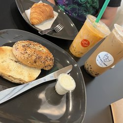 The Daily Brew - Medium Thai tea w/crystal boba, large Vietnamese iced coffee w/coffee jelly, everything bagel w/cream cheese, butter croissant