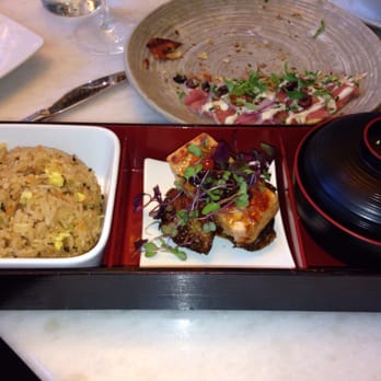 Makoto - Salmon with tuna pizza in the background. Yum! - Japanese Near Me - Miami Beach, Florida