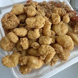 Seafood Corner - Popcorn shrimp special including popcorn shrimp, shrimp fried rice and French fries