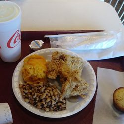 Lemonade, Yellow Squash & Cheese Casserole, Fried Chicken, Black-eyed Peas and a Cornbread Muffin