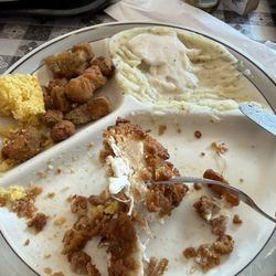 Junior's Eatin' House - (Pretty much devoured) chicken fried chicken, fried okra, cornbread, and mashed potatoes with white gravy