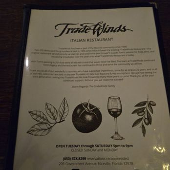 TradeWinds Italian Restaurant - Menu - Italian Near Me - Niceville, Florida