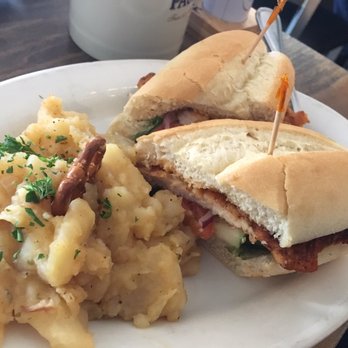 Old Castle Restaurant - Chicken Sandwich with German Potato Salad - German Near Me - Ruskin, Florida Old Castle Restaurant - Chicken Sandwich with German Potato Salad - German Near Me - Ruskin, Florida