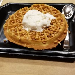 Waffle with Peanut Butter chips and Vanilla Ice Cream. YUM. Waffle with Peanut Butter chips and Vanilla Ice Cream. YUM.