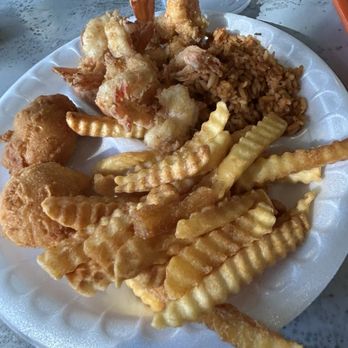 Shrimp Shack - Shrimp dinner with fries, hush puppies and red rice - Seafood Near Me - Saint Helena Island, South Carolina