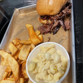 HoneyFire BBQ - Beef brisket tray with macaroni and cheese and flat fries - Barbeque Near Me - Nashville, Tennessee