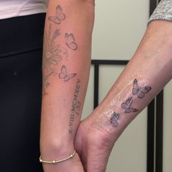 Sacred Traditions Tattoo - Fineline single needle butterfly tattoo with a loved one. We love groups