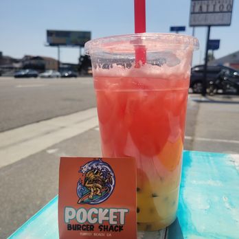 Pocket Burger Shack - agua fresca with watermelon and passionfruit! along with a sticker of their logo - Burgers Near Me - Sunset Beach, California