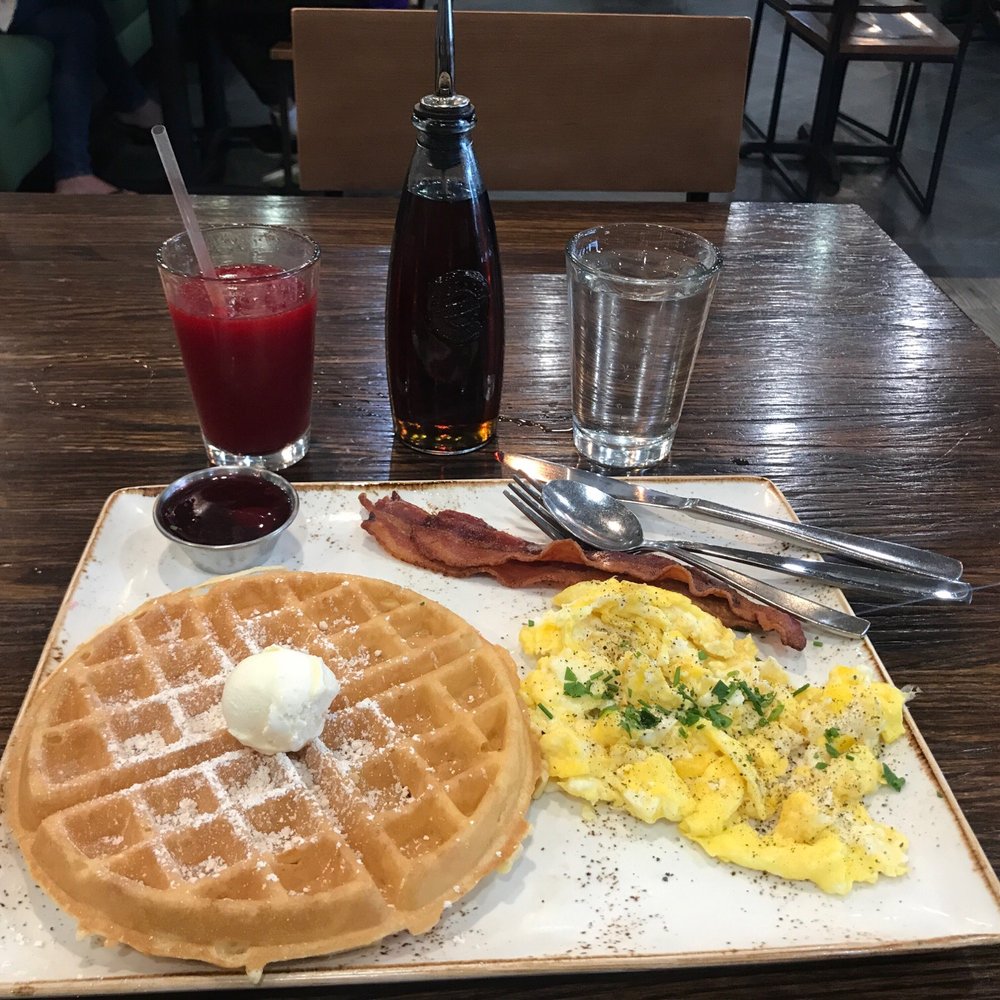 First Watch - Trifecta with waffles and bacon . Morning Meditation drink without ice. - Breakfast & Brunch Near Me - Overland Park, Kansas