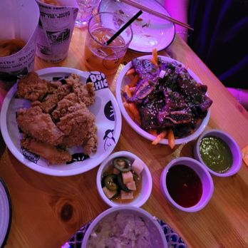 Jilli - DineLA spread - tuna dip with crackers, Chimmelier KFC wings, galbi fries, honey butter chips - Korean Near Me - Los Angeles, California
