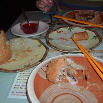 Big Lantern - Forgot to take the pic before digging in!  Taro puffs (left) and Tofu Vegetable Roll (right) - Dim Sum Near Me - San Francisco, California