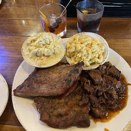 2-meat sampler with burnt ends and a 1/2 rack of ribs, along with mac & cheese and the creamy slaw. 2-meat sampler with burnt ends and a 1/2 rack of ribs, along with mac & cheese and the creamy slaw.
