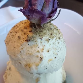 Saboo Restaurant - Pistachio ice cream with a rose garnish - Persian/Iranian Near Me - North Vancouver, British Columbia