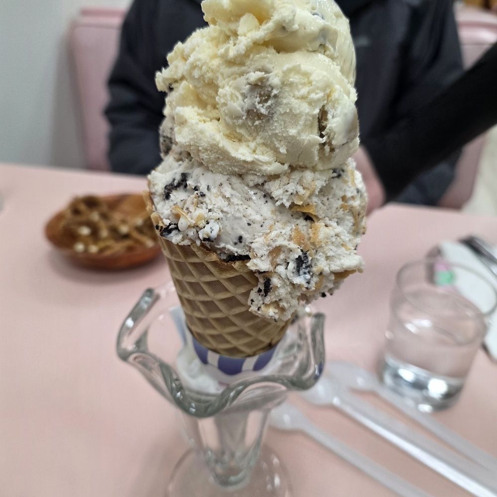 Double scoop, 1 of dairy free peanut butter and cookies the secind scoop is cookie dough. Reasonably priced too! Double scoop, 1 of dairy free peanut butter and cookies the secind scoop is cookie dough. Reasonably priced too!
