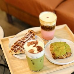 3Thyme - Sweet Cream Matcha, Sugar Croffle, matcha date pastry, Rose Cream Latte