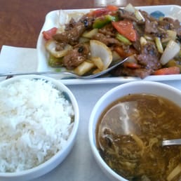 Photo of Yummy Restaurant - Arcadia, CA, United States. Beef with Black Bean sauce, sweet and sour soup and steamed rice.