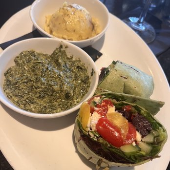 Moondance Grill - Mediterranean wrap, creamed spinach & mashed potatoes - New American Near Me - Germantown, Tennessee