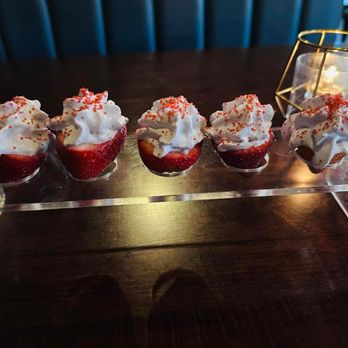 Hush - Vodka Infused Strawberries with Taro Whipped Cream - Sushi Bars Near Me - Keller, Texas Hush - Vodka Infused Strawberries with Taro Whipped Cream - Sushi Bars Near Me - Keller, Texas