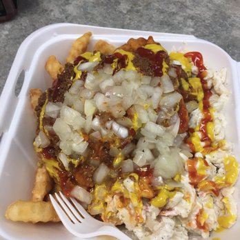 Fairport Hots - Chicken Finger plate with fries and mac salad, ketchup and mustard, hot sauce, onions, and immediate regret. - Burgers Near Me - Fairport, New York Fairport Hots - Chicken Finger plate with fries and mac salad, ketchup and mustard, hot sauce, onions, and immediate regret. - Burgers Near Me - Fairport, New York