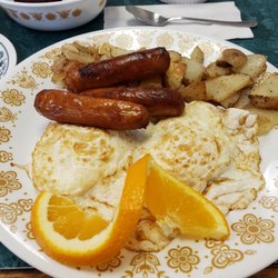 Angie D’s - Sausage and  eggs.  $7.50 in 2021.  That includes toast and those are "real" potatoes!