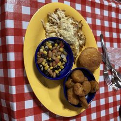 Farmhouse Restaurant - Chicken casserole with Farmhouse caviar and corn nuggets.