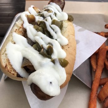 Bangers & Brews - Westside - IPA sausage with onions peppers and garlic aioli - German Near Me - Bend, Oregon Bangers & Brews - Westside - IPA sausage with onions peppers and garlic aioli - German Near Me - Bend, Oregon