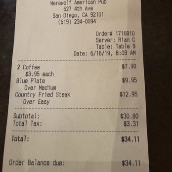 Werewolf - Receipt....Reasonable price point. - Breakfast & Brunch Near Me - San Diego, California Werewolf - Receipt....Reasonable price point. - Breakfast & Brunch Near Me - San Diego, California