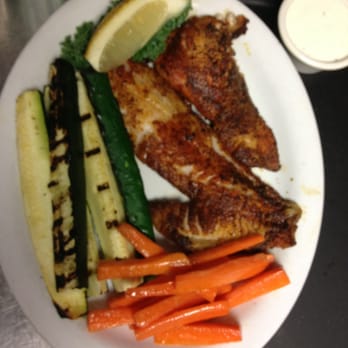 Sea Fresh - Blackened fish of the day(Dover Sole) with glazed carrots and grilled zucchini. - Seafood Near Me - Ojai, California