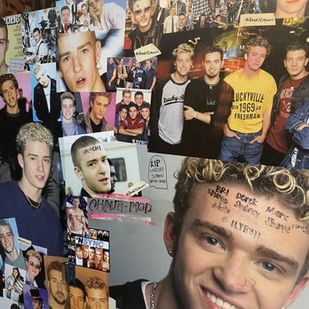 Bandit - A collage of photographs featuring young male celebrities and fans, including large portraits, group shots, and candid images. Some photos have handwritten notes, signatures, and messages, such as 'RIP Lindsey Simon 2018-2023' and 'Haute Mod.' The images vary in size and style, with some showing celebrities with curly hair, others with straight hair, and some in casual or performance settings. The collage is densely packed with visual content, creating a vibrant display. - American Near Me - Chicago, Illinois