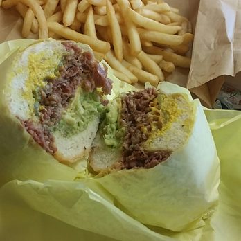 The Hat - Pastrami, American cheese, mustard, pickles, mayo, small fries. - American Near Me - Pasadena, California The Hat - Pastrami, American cheese, mustard, pickles, mayo, small fries. - American Near Me - Pasadena, California