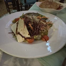 Taquería Los Abuelos - Vegetarian salad with mozzarella and grilled vegetables and a vegetarian chimichanga