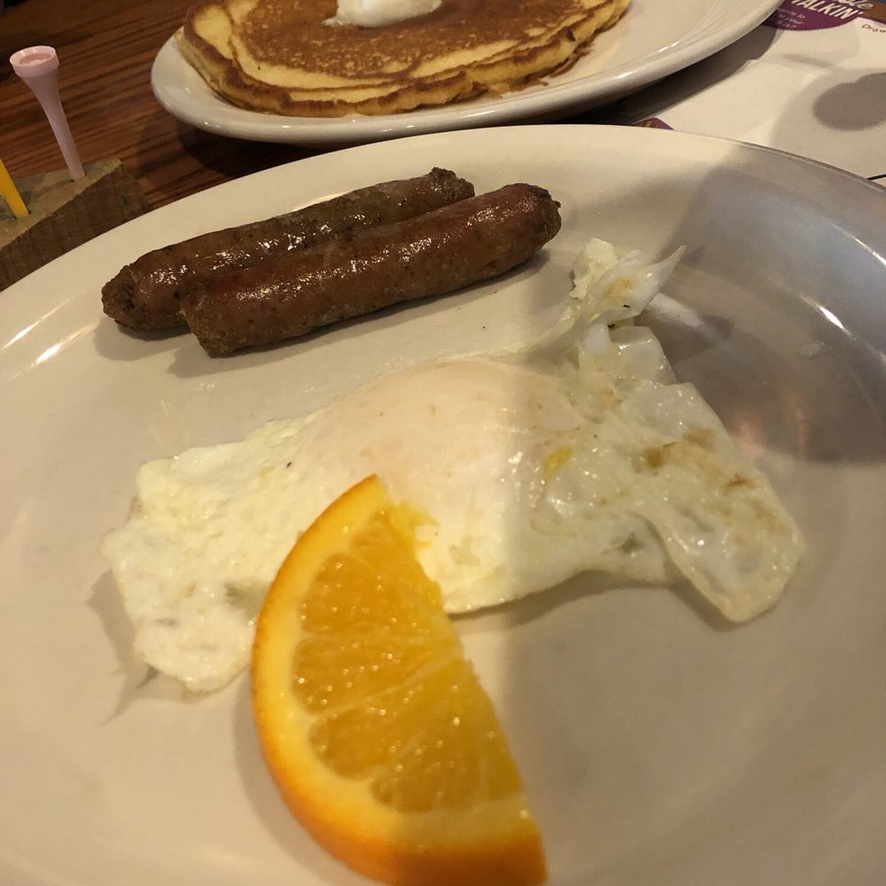 Cracker Barrel Old Country Store - Child's serving of one over medium egg & 2 link sausages, also child's serving of (1) pancake - Breakfast & Brunch Near Me - Brooksville, Florida Cracker Barrel Old Country Store - Child's serving of one over medium egg & 2 link sausages, also child's serving of (1) pancake - Breakfast & Brunch Near Me - Brooksville, Florida