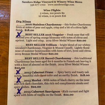 Sanders Ridge - Wine list - Wine Tasting Room Near Me - Boonville, North Carolina