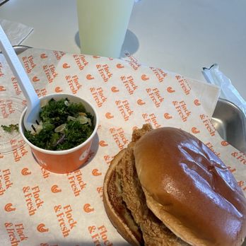 Flock and Fresh - Crispy Chicken sandwich and kale salad - Juice Bars & Smoothies Near Me - Dallas, Texas Flock and Fresh - Crispy Chicken sandwich and kale salad - Juice Bars & Smoothies Near Me - Dallas, Texas