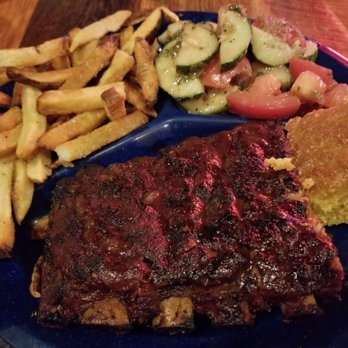 Dinosaur Bar-B-Que - 1/4 rack of ribs, fries, tomato cucumber salad, corn bread - Barbeque Near Me - Syracuse, New York Dinosaur Bar-B-Que - 1/4 rack of ribs, fries, tomato cucumber salad, corn bread - Barbeque Near Me - Syracuse, New York